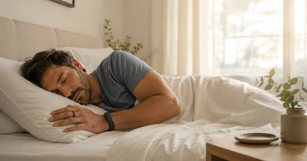Person sleeping with a smart wearable ring tracking sleep biomarkers