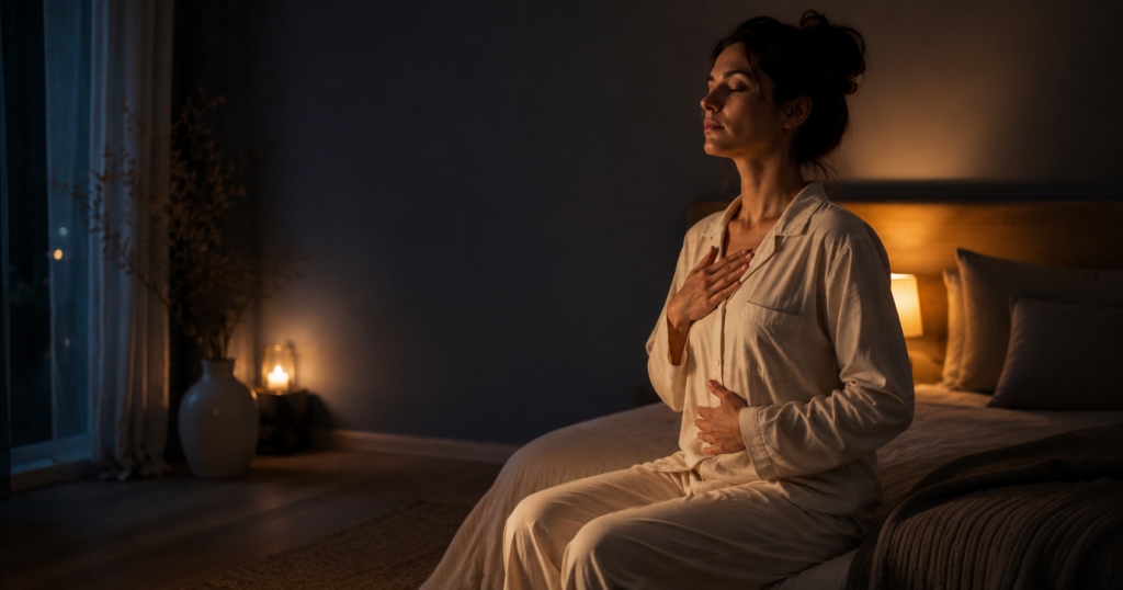Person doing a calming breathing exercise before bed at night