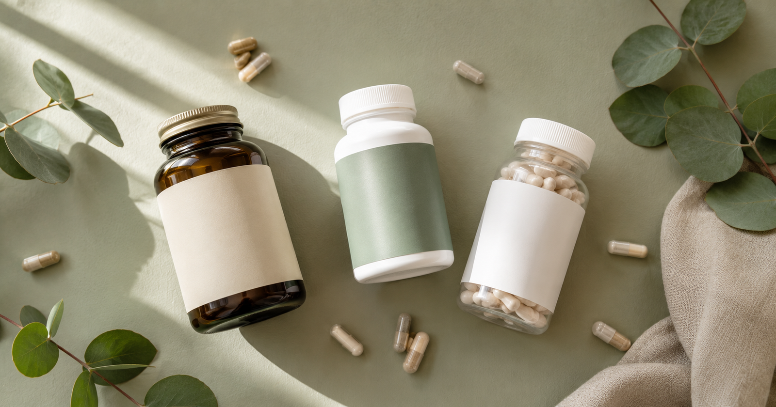 Magnesium glycinate vs citrate supplement bottles comparedsupplement bottles - glycinate, citrate, and threonate - on a sage green background