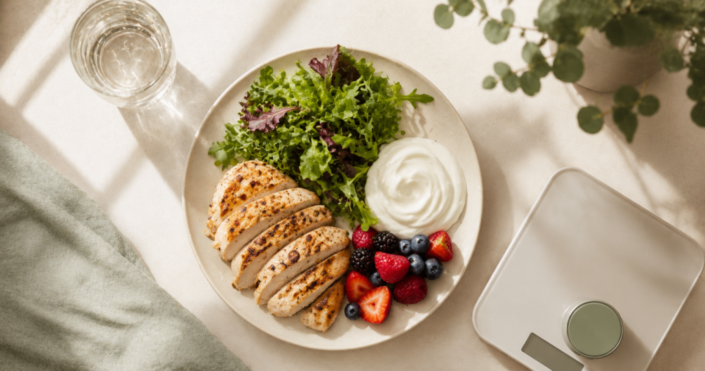 Balanced plate with protein, fiber and healthy foods for people on GLP-1 medication