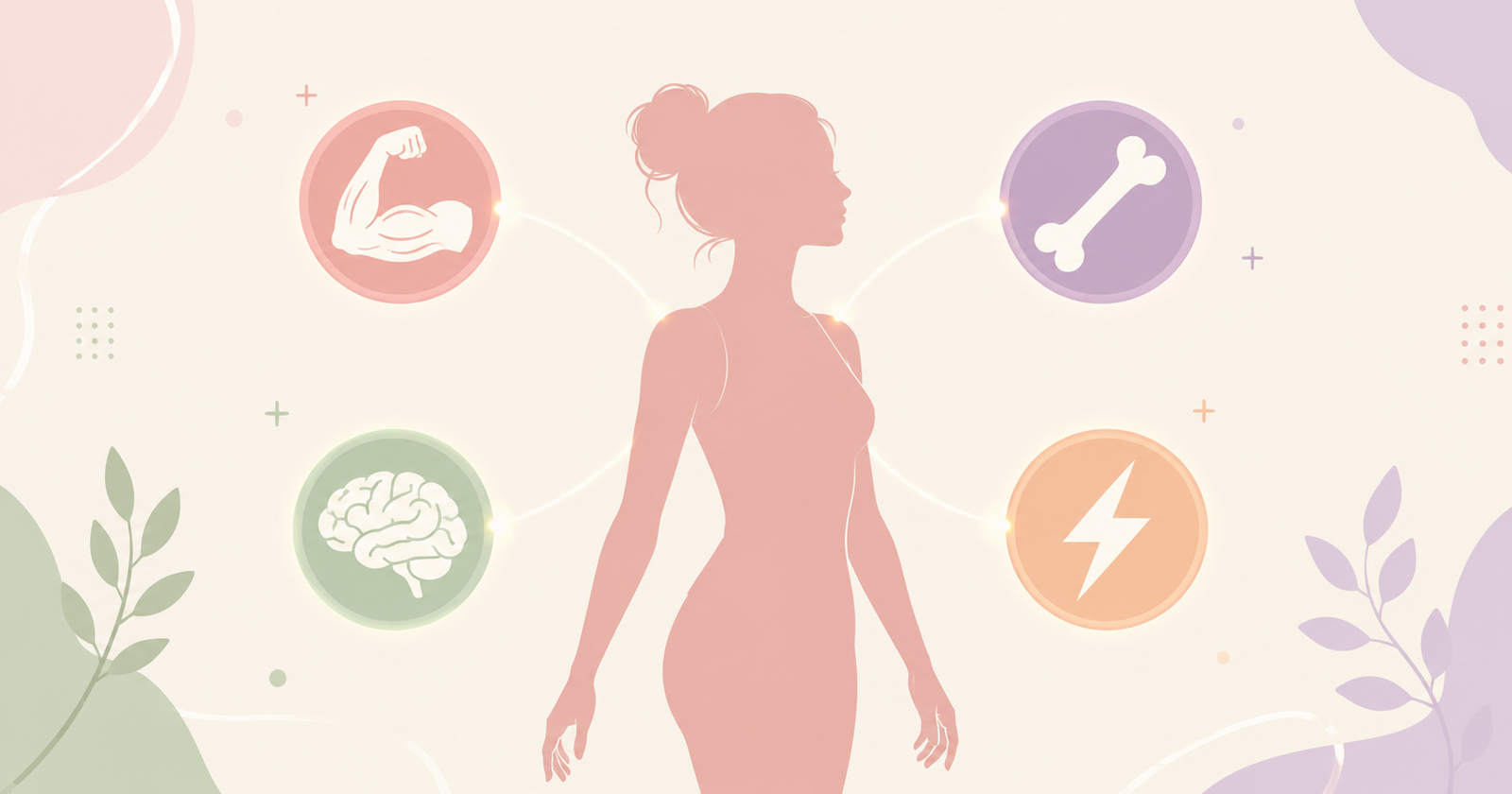 Illustration showing creatine benefits for strength, bone health, brain function and energy