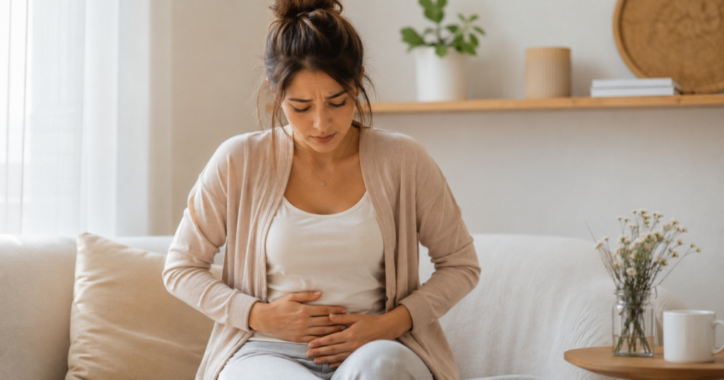 stressed woman holding stomach showing signs of cortisol belly fat