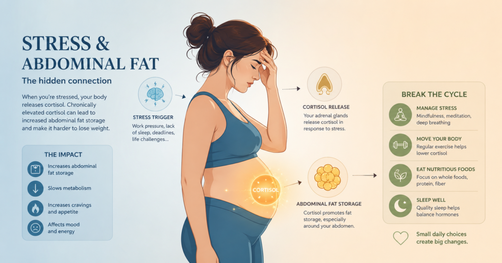 illustration showing cortisol hormone effect on belly fat storage