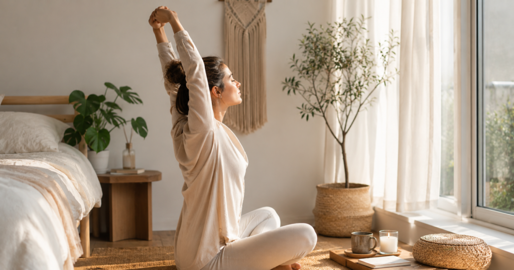 person practicing stress relief routine to lower cortisol levels naturally