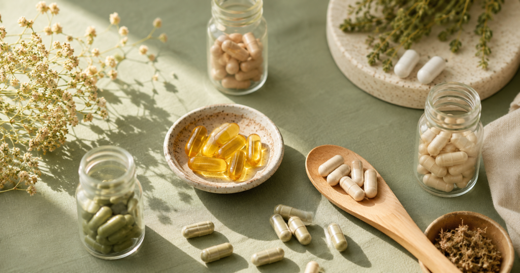 Personalized vitamins and supplement capsules arranged on a sage green surface