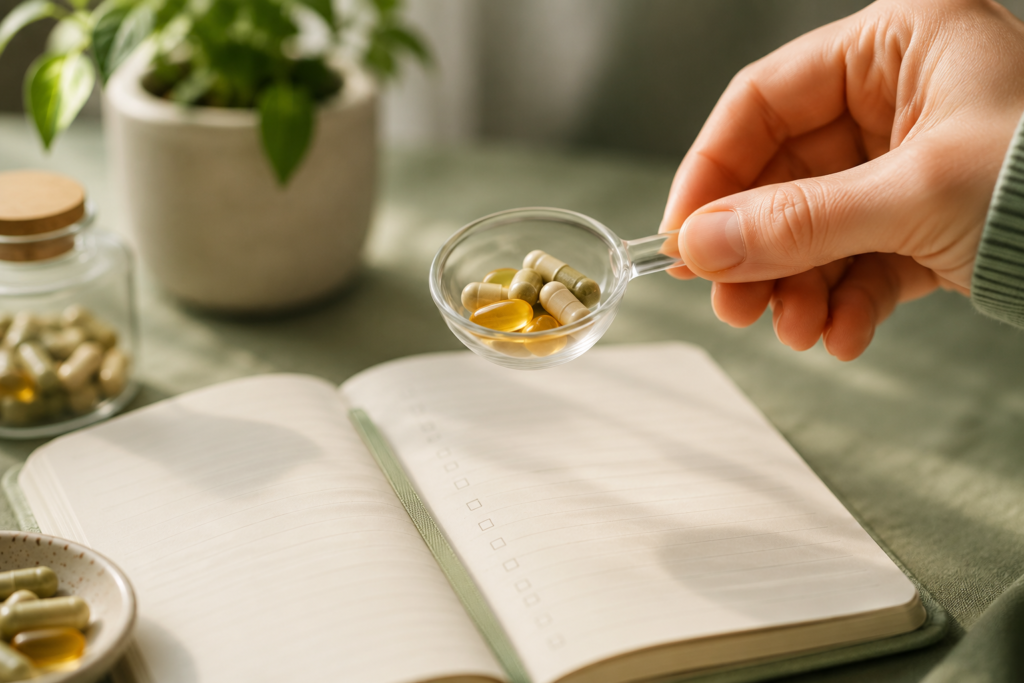 Hand holding a measuring spoon of vitamin capsules over a nutrition tracking journal