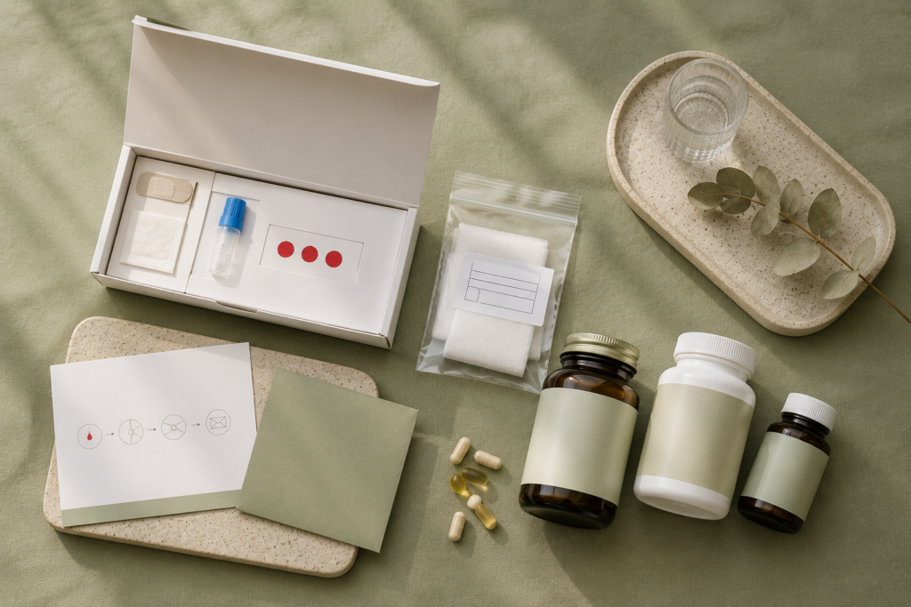 At-home vitamin deficiency test kit next to supplement bottles for personalized vitamins