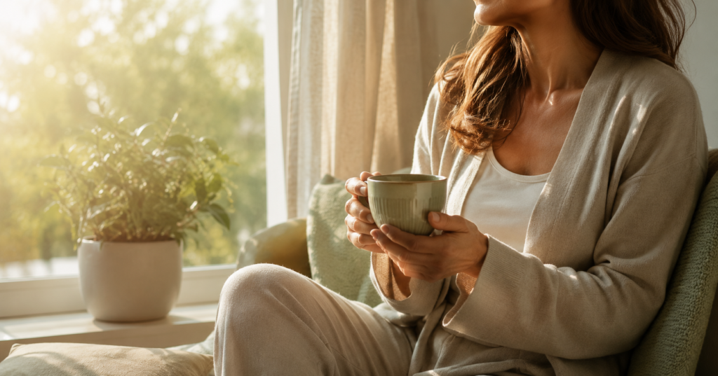 Woman experiencing perimenopause symptoms relaxing calmly with herbal tea by a window