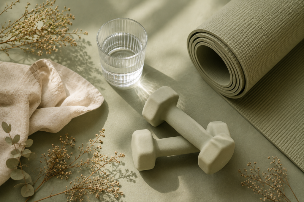 Light dumbbells and yoga mat representing strength training to manage perimenopause symptoms