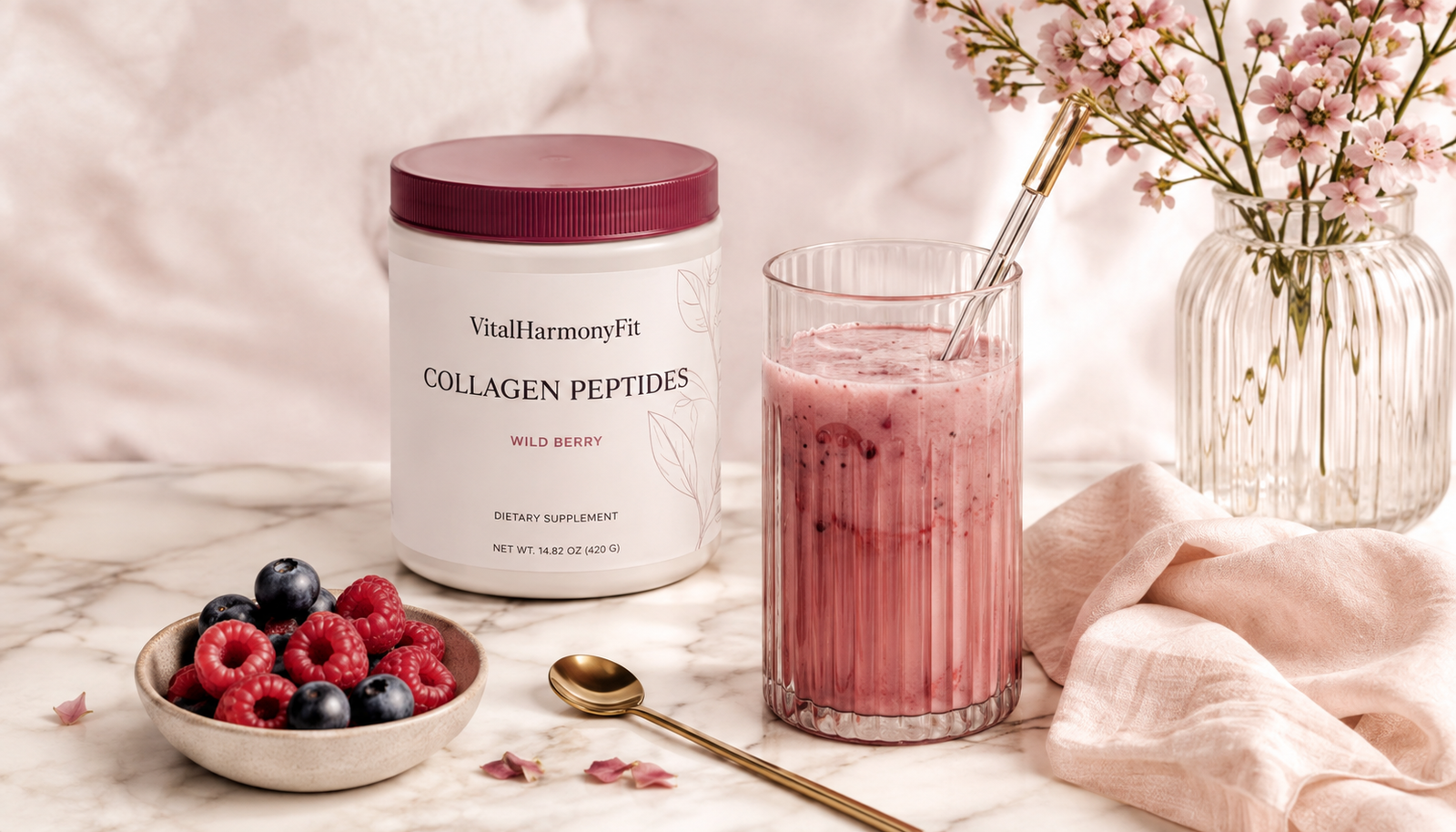 Premium collagen powder with berry smoothie, fresh berries and flowers