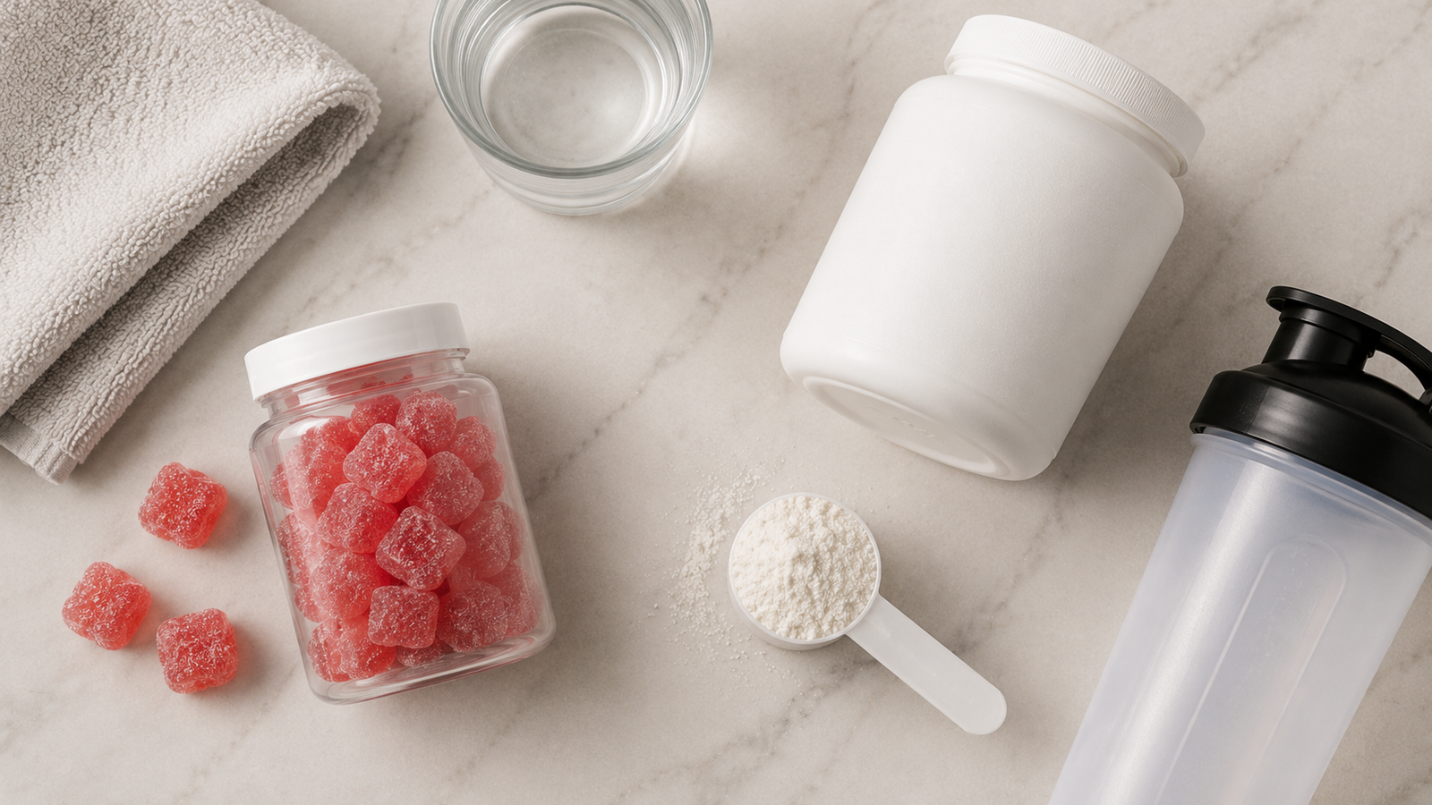 Creatine gummies and powder with scoop, shaker and water