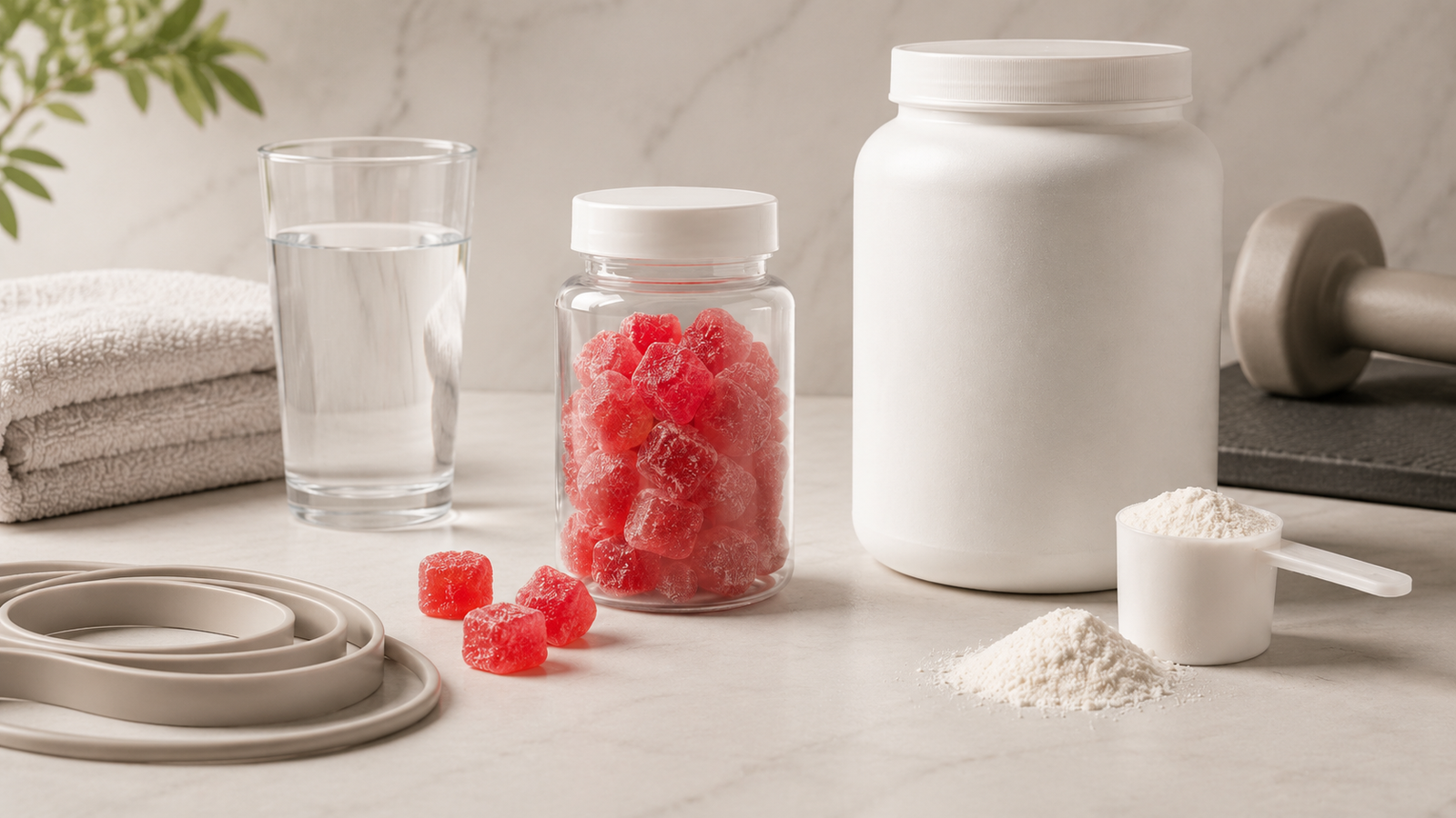 Daily creatine routine with gummies, powder, water and fitness accessories