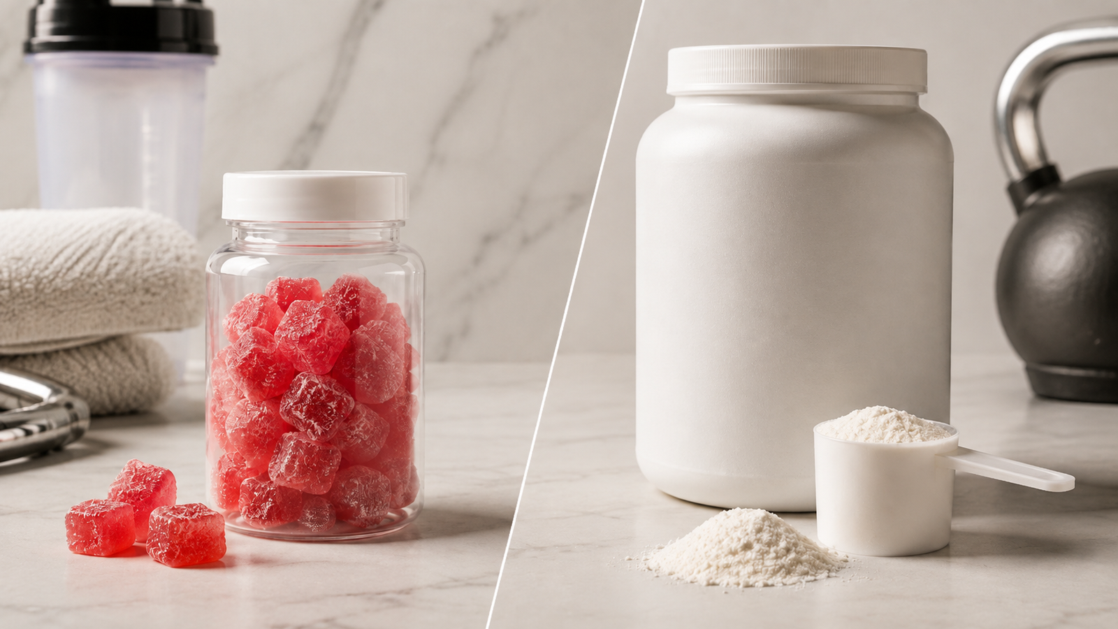 Creatine powder and gummies arranged for supplement comparison