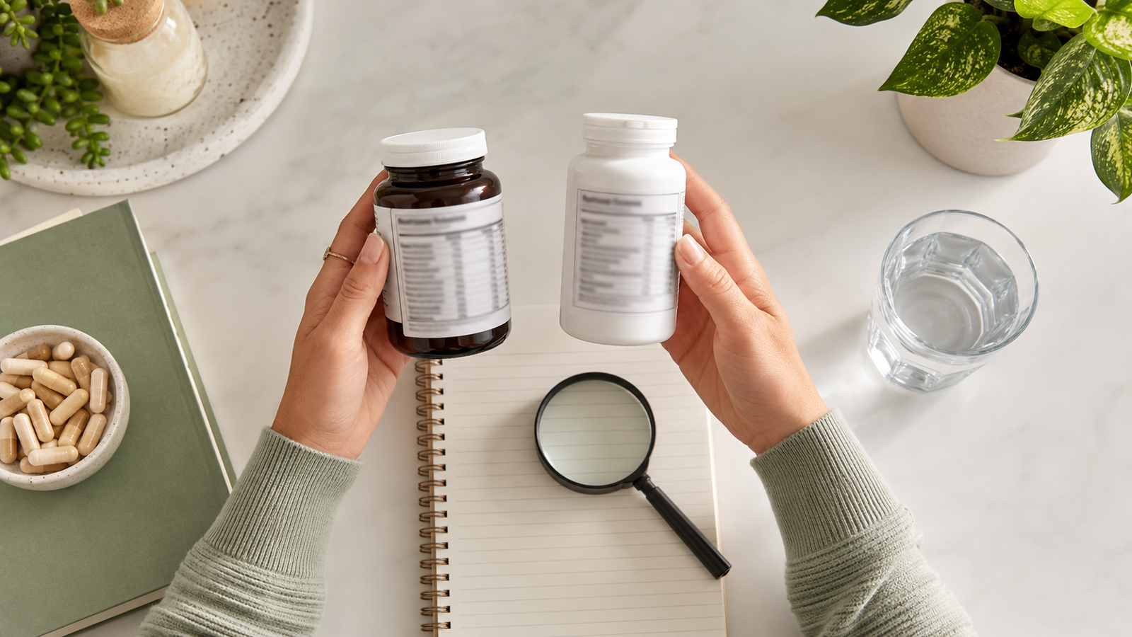 Shopper comparing supplement ingredient labels before choosing collagen