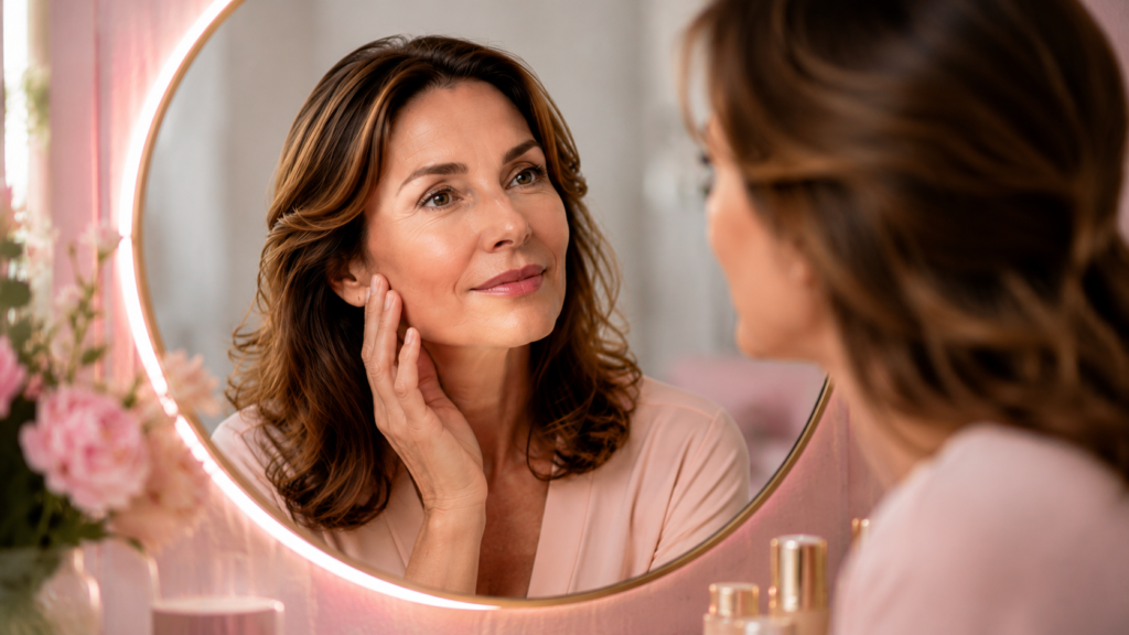 Woman examining skin hydration and elasticity in the mirror