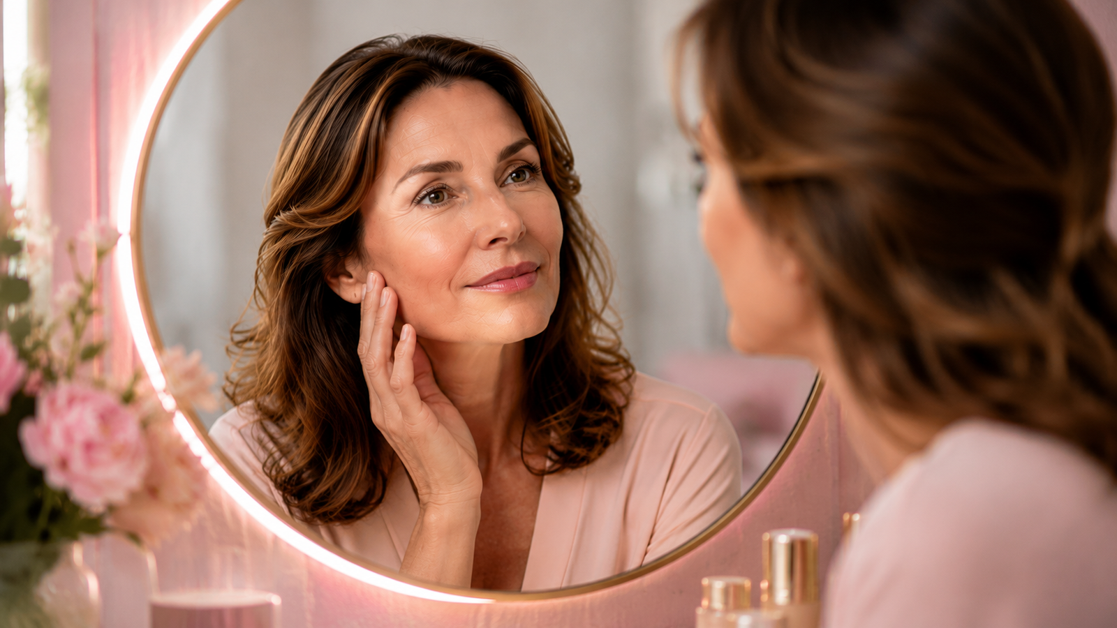 Woman examining skin hydration and elasticity in the mirror