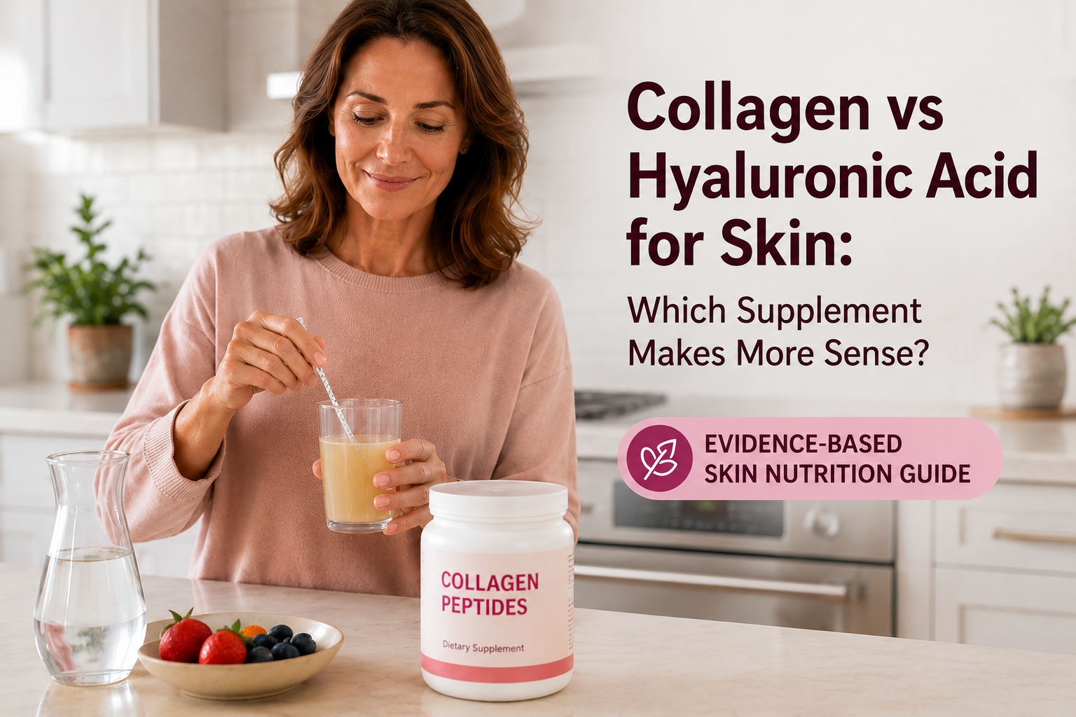 Woman mixing collagen peptides in water for a skin wellness routine