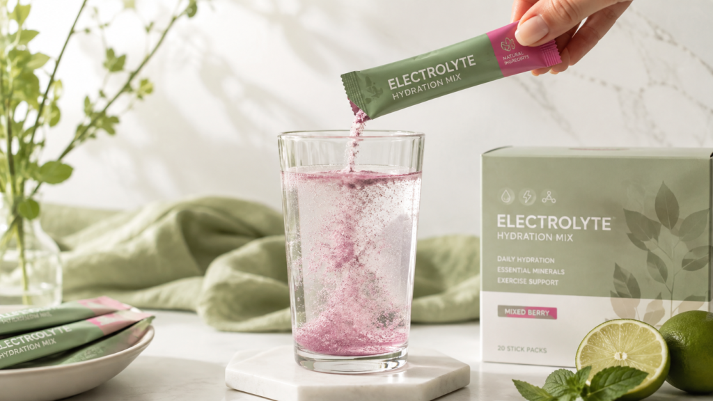 electrolyte drink mix powder packet poured into glass of water