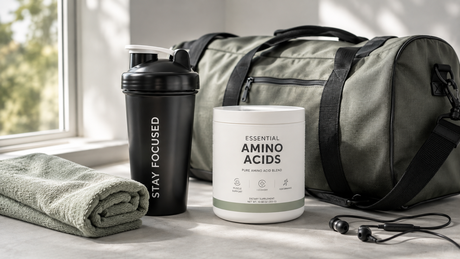 Gym bag with amino acid supplement for workout timing