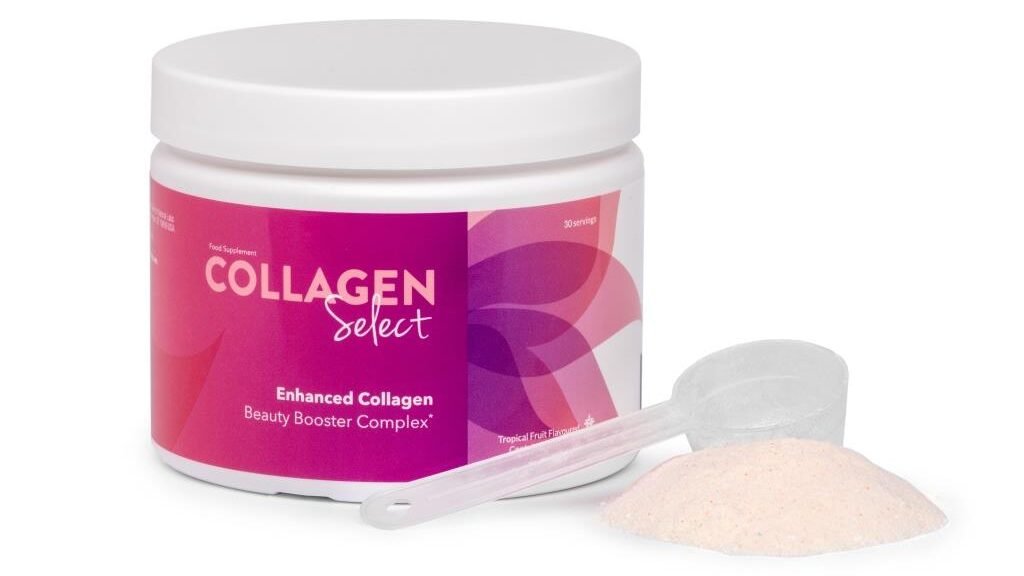 Collagen supplement powder with measuring scoop, 16:9