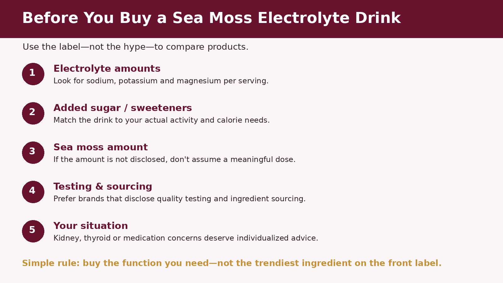 Checklist for comparing sea moss electrolyte drinks including electrolytes, sugar, sea moss amount, testing and personal considerations