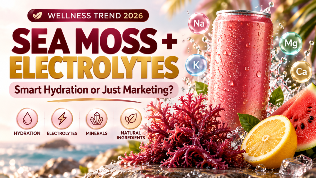 Sea moss and electrolyte sparkling hydration drink concept with sodium, potassium, magnesium and calcium