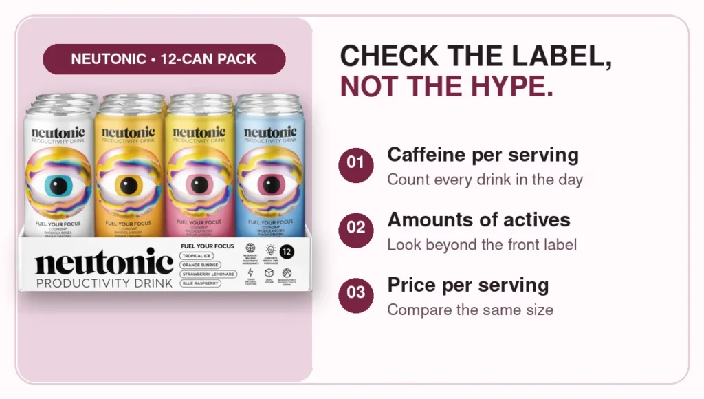 Neutonic nootropic drink: check caffeine, ingredient amounts, and price per serving