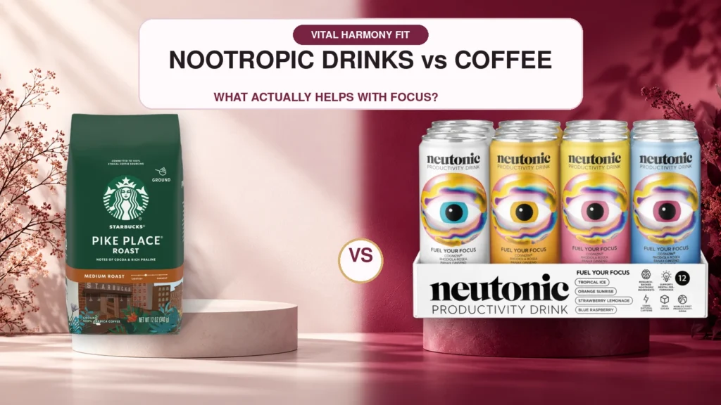 Nootropic drinks vs coffee: Starbucks Pike Place Roast ground coffee and Neutonic mixed-flavour productivity drink