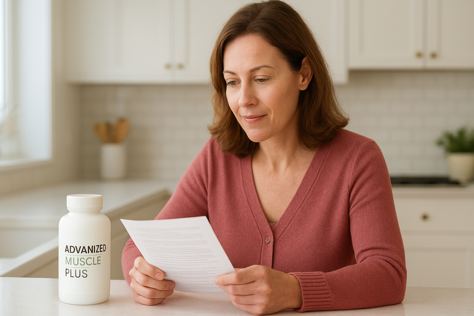 Advanced Muscle Plus review adults over 50 — hero image showing supplement bottle and notes